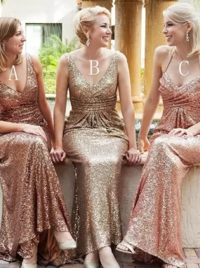 Mermaid Deep V-Neck Sweep Train Sleeveless Gold Sequined Bridesmaid Dress