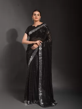 Odette Women Black Georgette Designer Saree With Unstitched Blouse