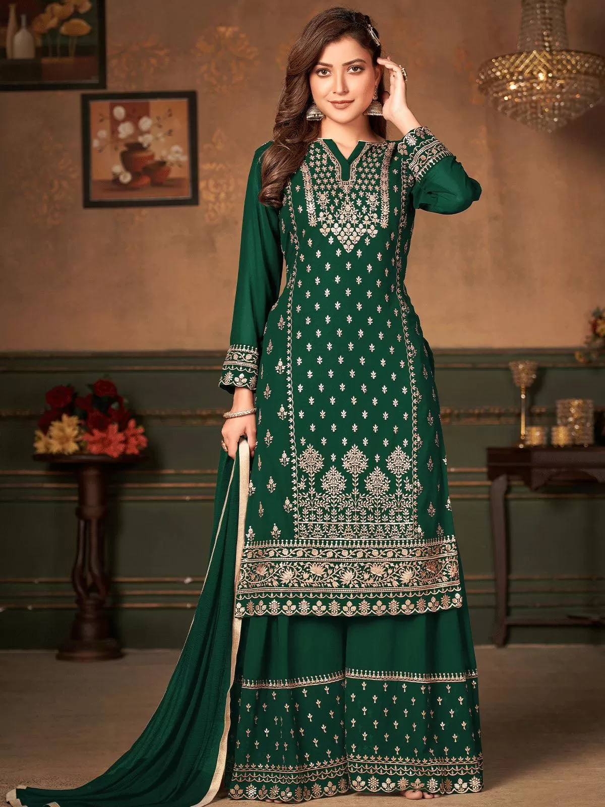 Odette Women Green Semi-Stitched Embroidered Faux Georgette Kurta Set With Dupatta