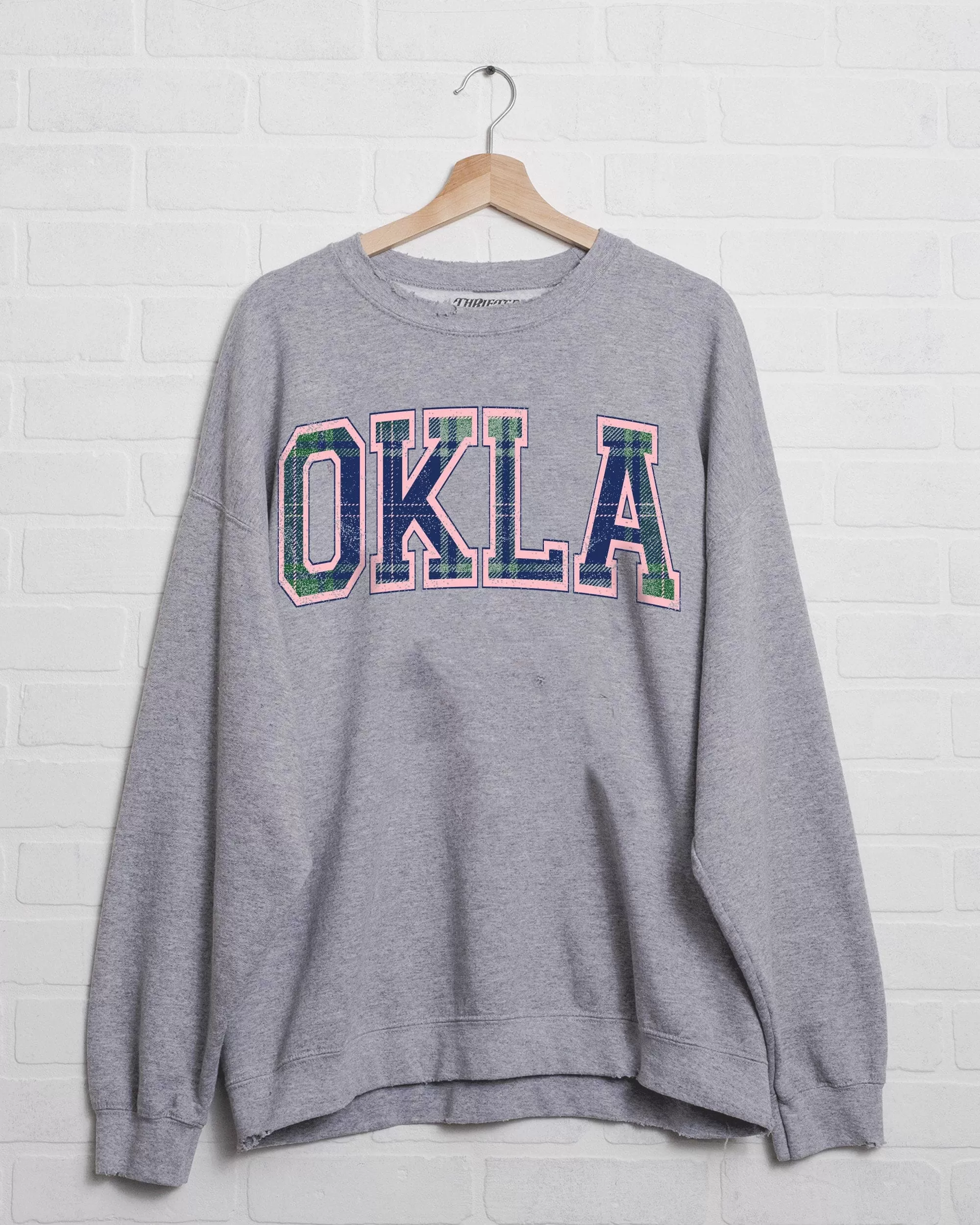 OKLA Plaid Arch (Pink Outline) Gray Thrifted Sweatshirt