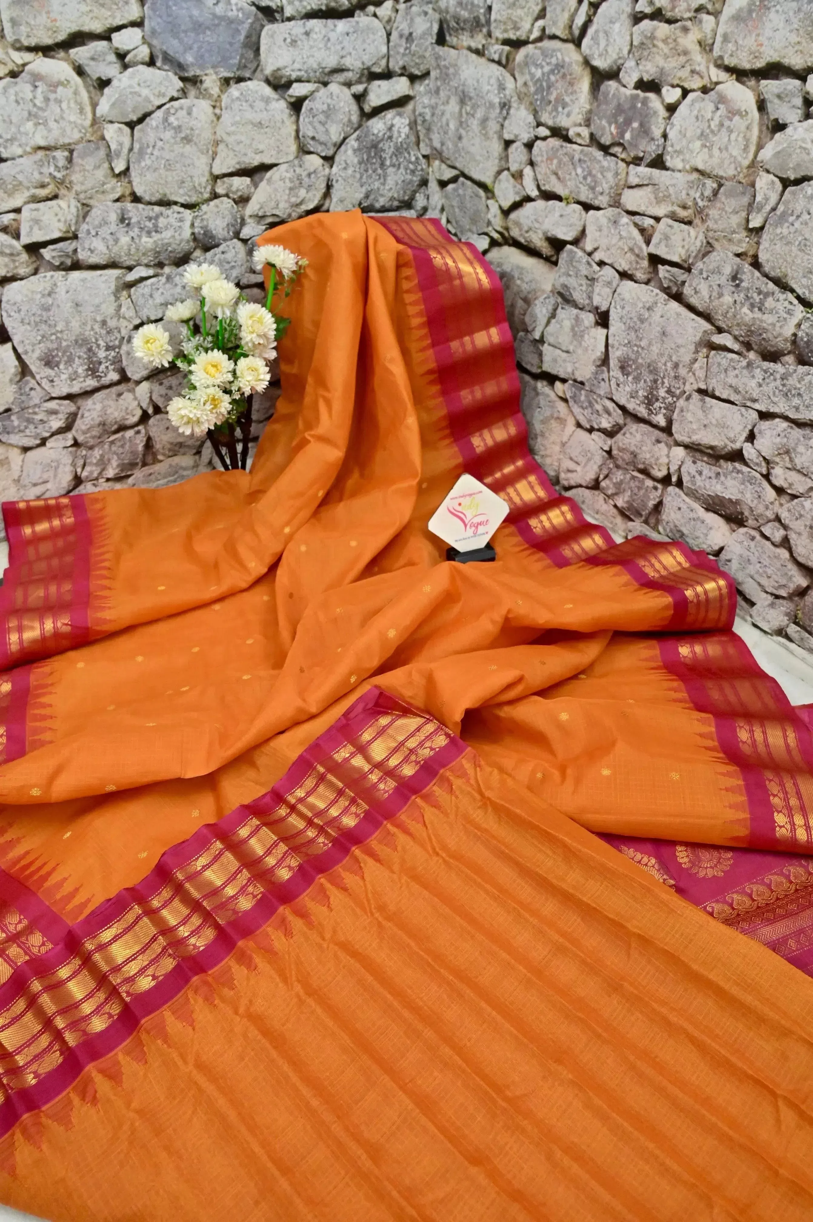 Orange and Magenta Color Sico Gadwal Silk Saree with Checks and and Golden Butta