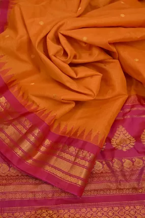 Orange and Magenta Color Sico Gadwal Silk Saree with Checks and and Golden Butta