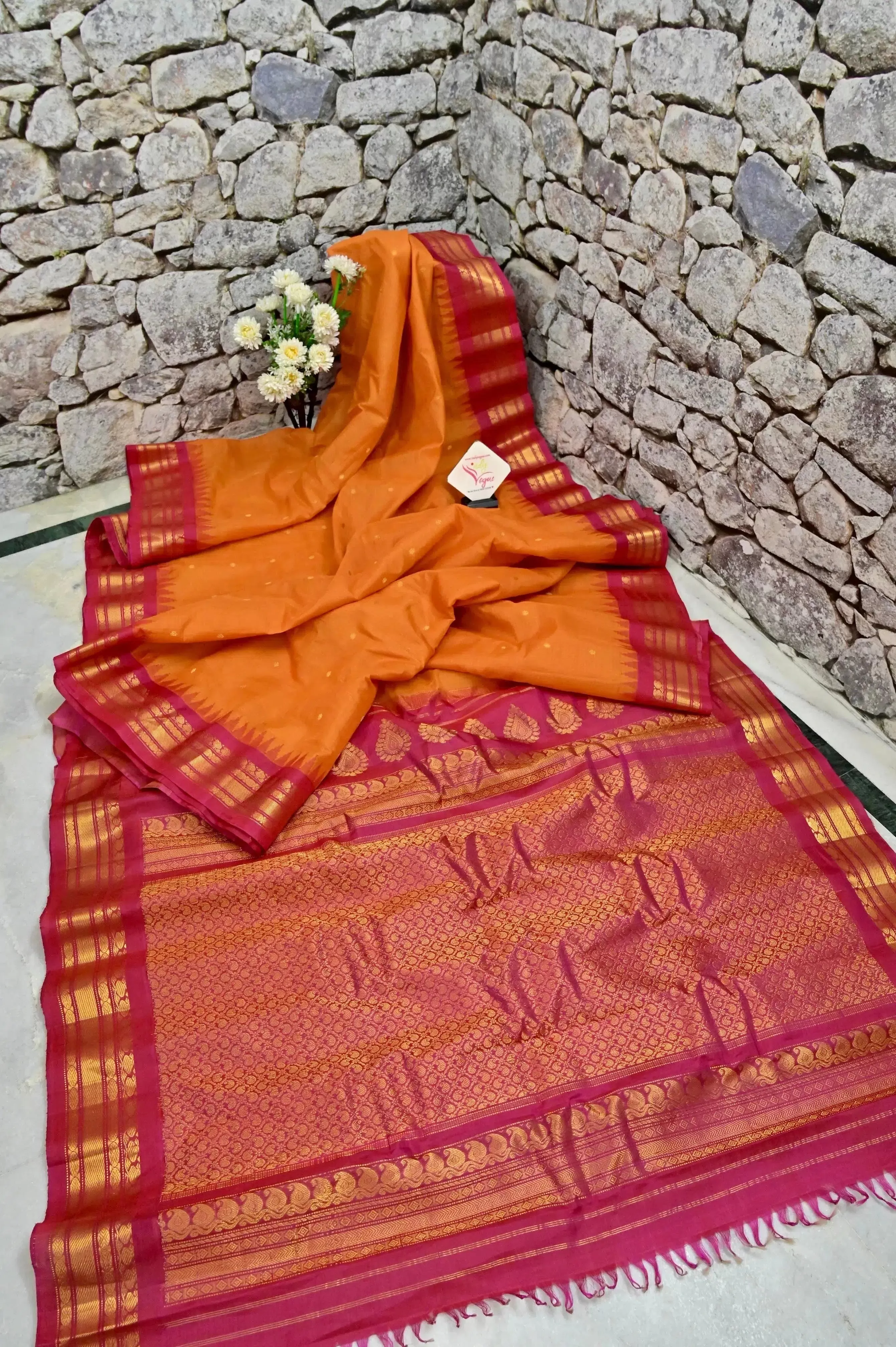 Orange and Magenta Color Sico Gadwal Silk Saree with Checks and and Golden Butta