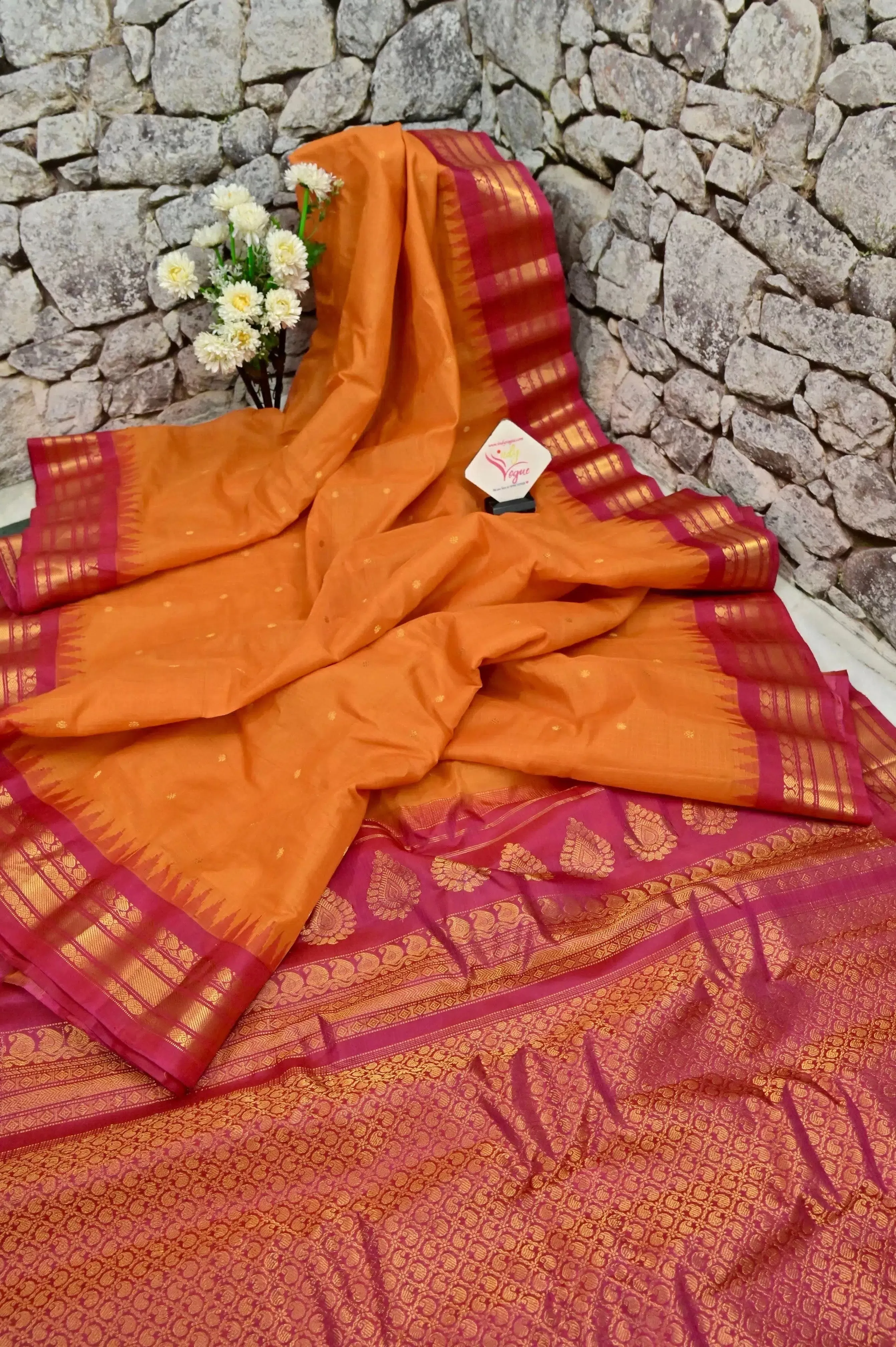 Orange and Magenta Color Sico Gadwal Silk Saree with Checks and and Golden Butta