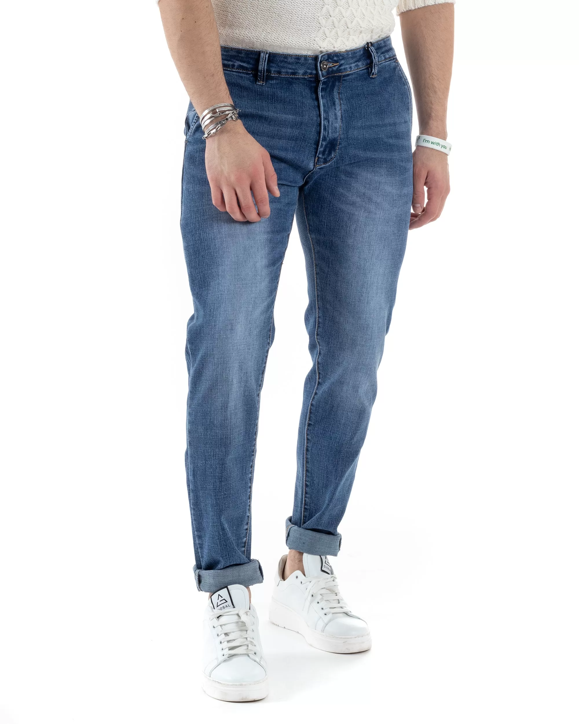 Pantaloni Uomo Jeans Tasca America Slim Fit Blu Denim Stone Washed GIOSAL-JS1009A