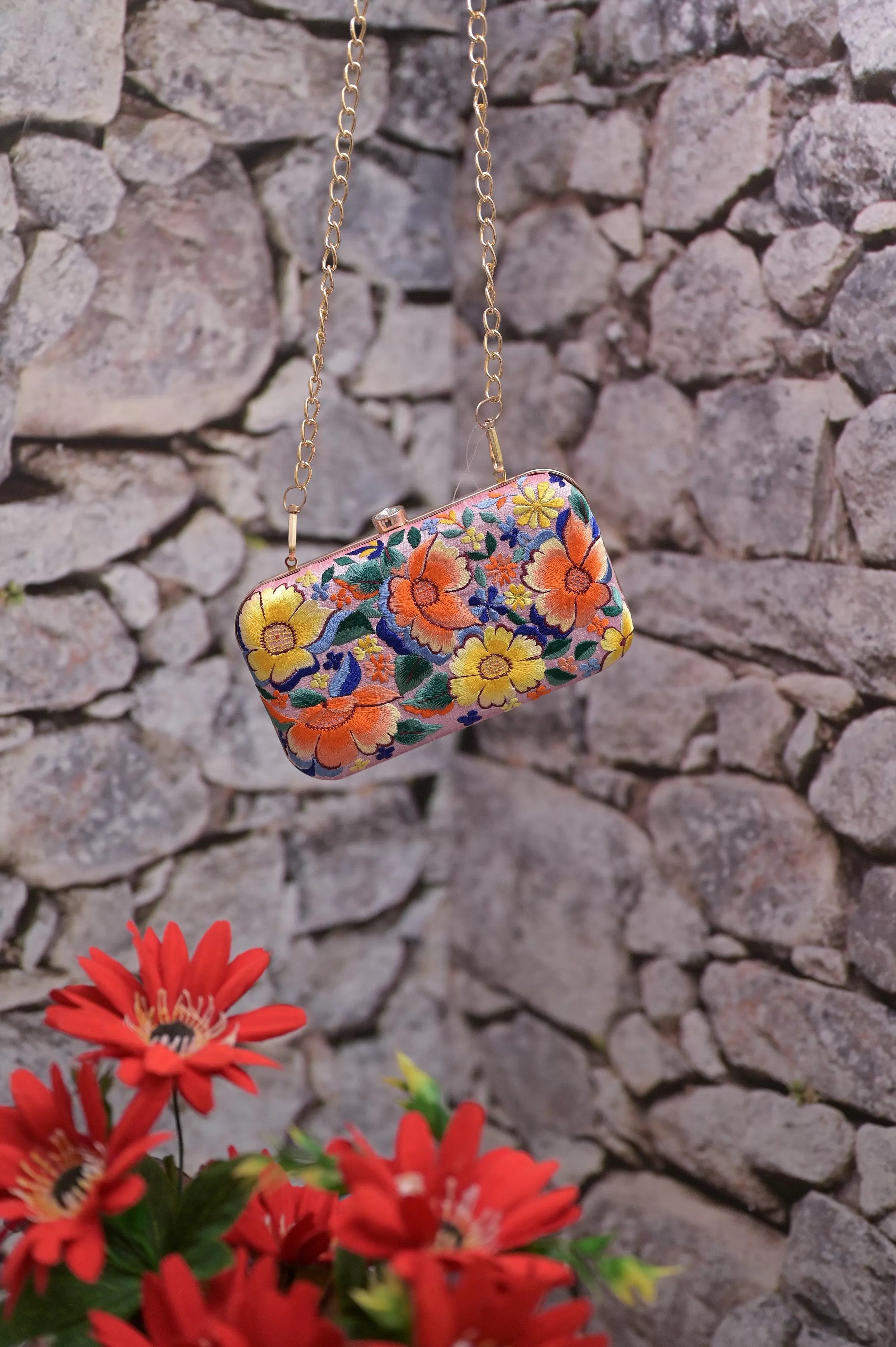 Pink Color Clutch Bag with Multi-Colored Parsi Gara Hand Embroidery Work