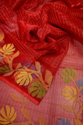 Red Color Muslin Jamdani Saree with Jamdani Weaving and Zari Check Work