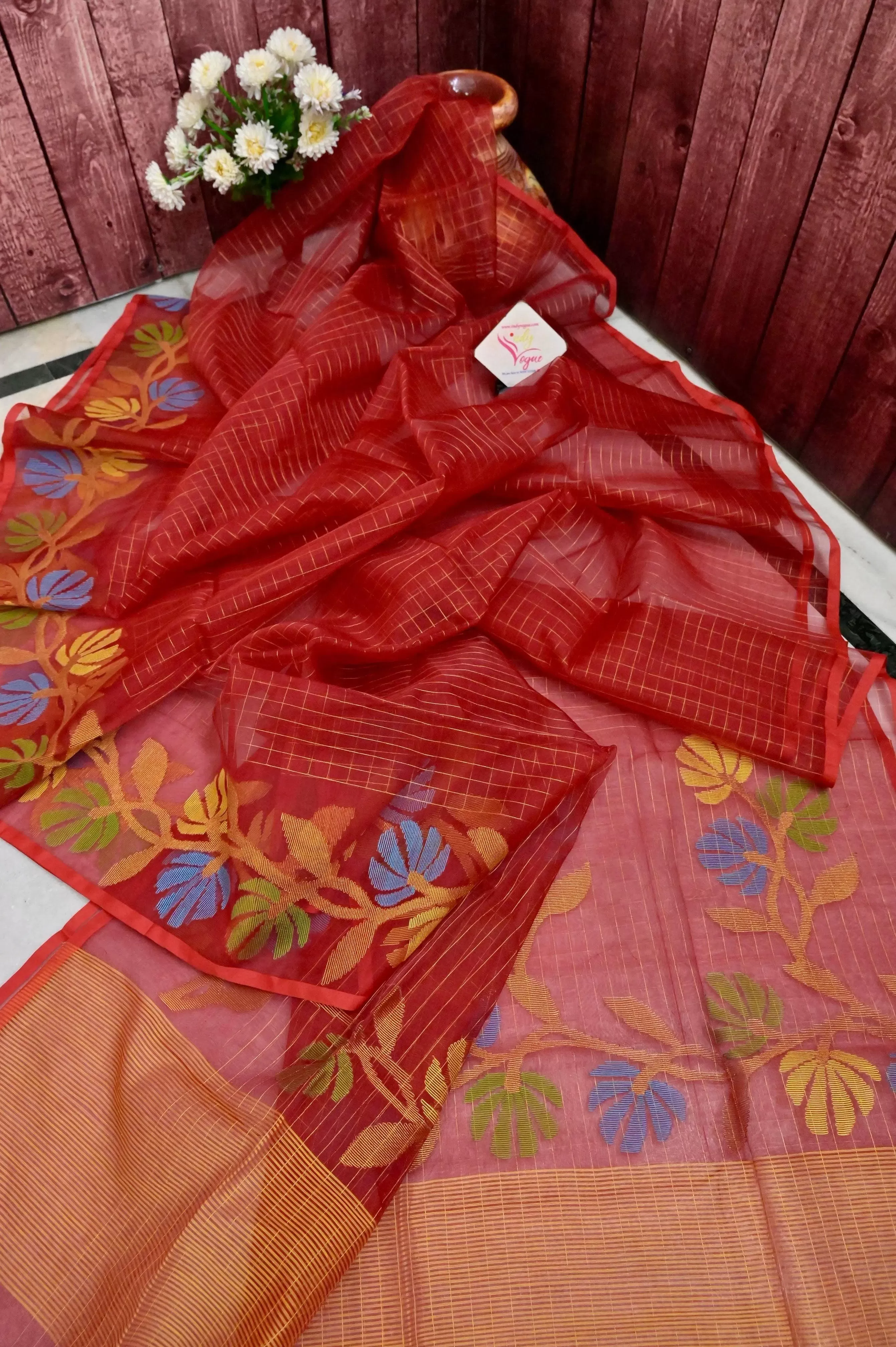 Red Color Muslin Jamdani Saree with Jamdani Weaving and Zari Check Work