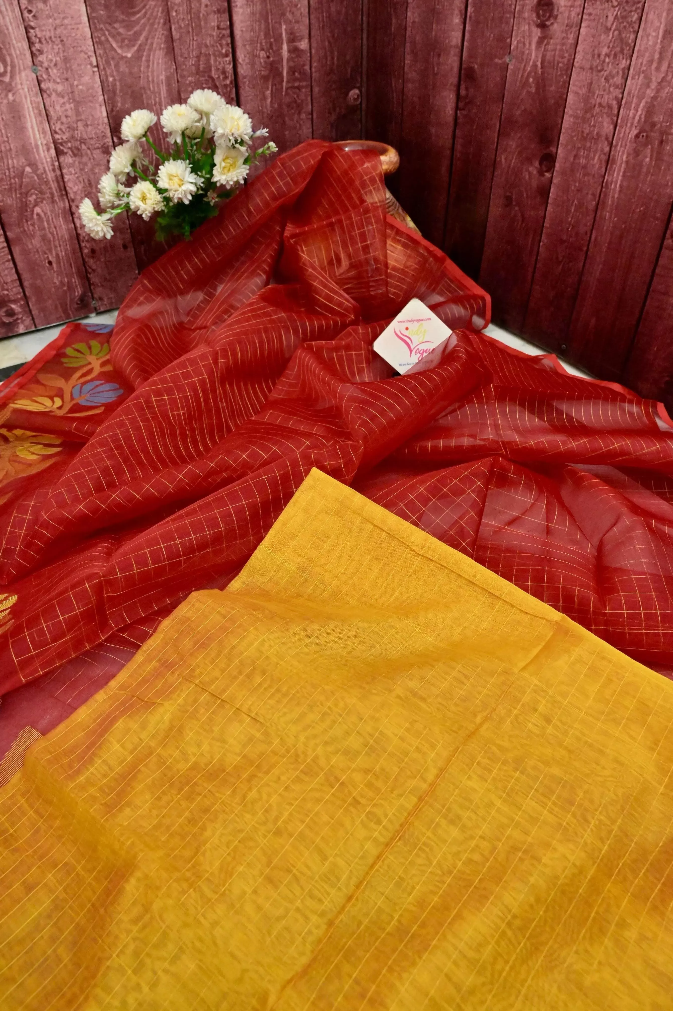 Red Color Muslin Jamdani Saree with Jamdani Weaving and Zari Check Work