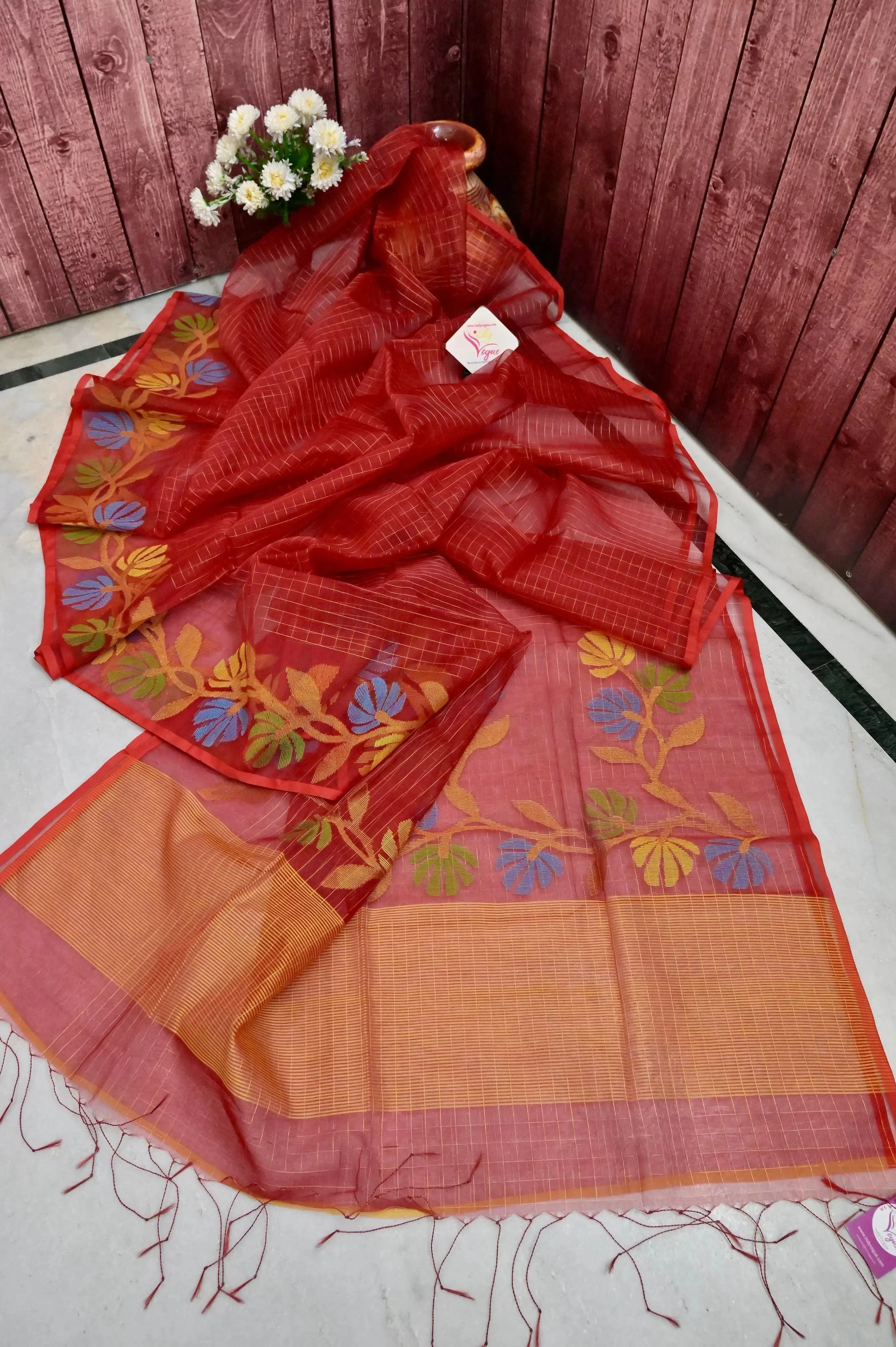 Red Color Muslin Jamdani Saree with Jamdani Weaving and Zari Check Work