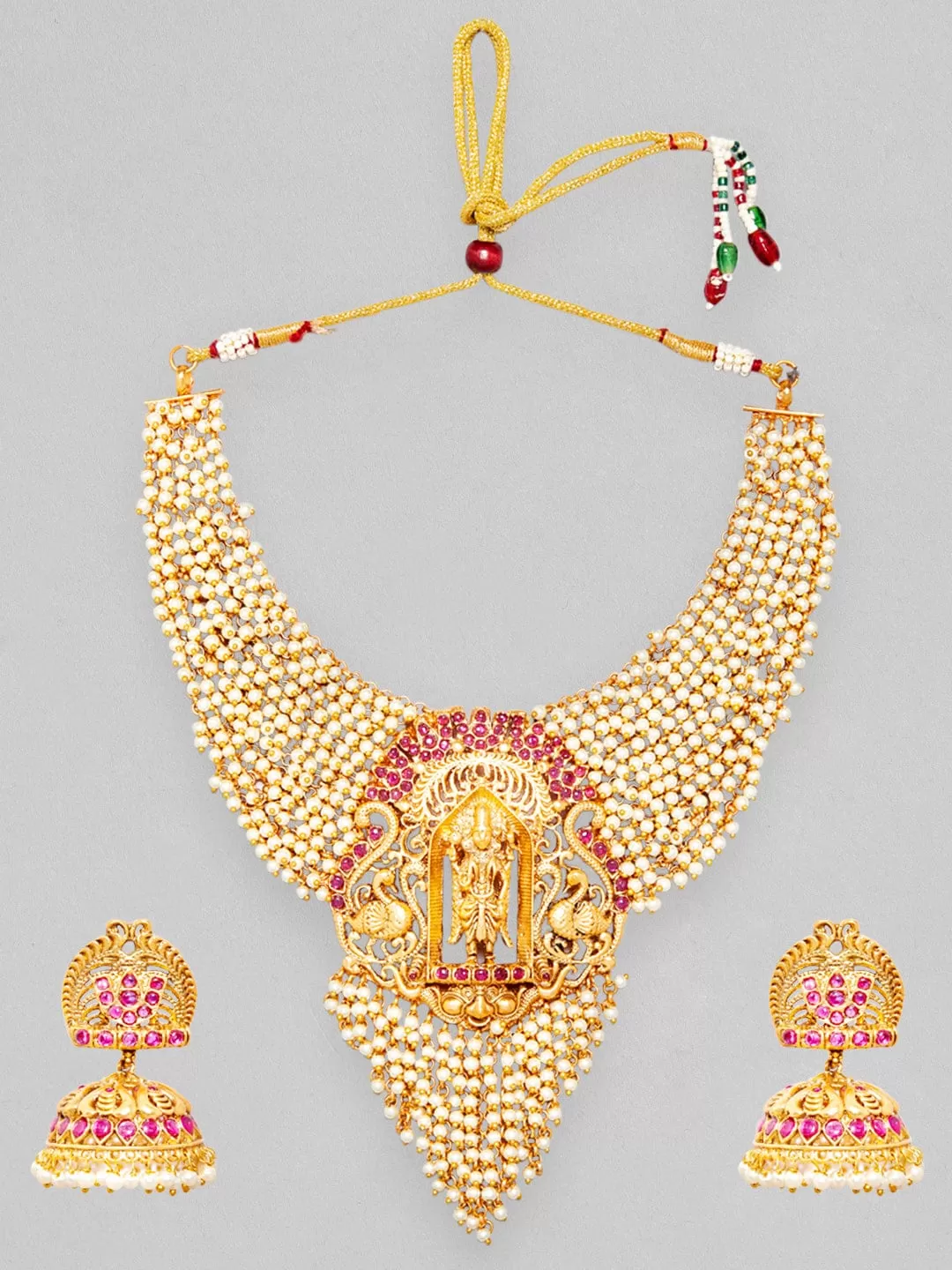 Rubans 24K Gold Plated Necklace Set With Pearls Ruby Stones And Goddess Motifs.