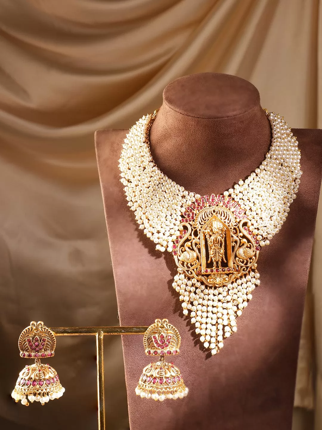 Rubans 24K Gold Plated Necklace Set With Pearls Ruby Stones And Goddess Motifs.