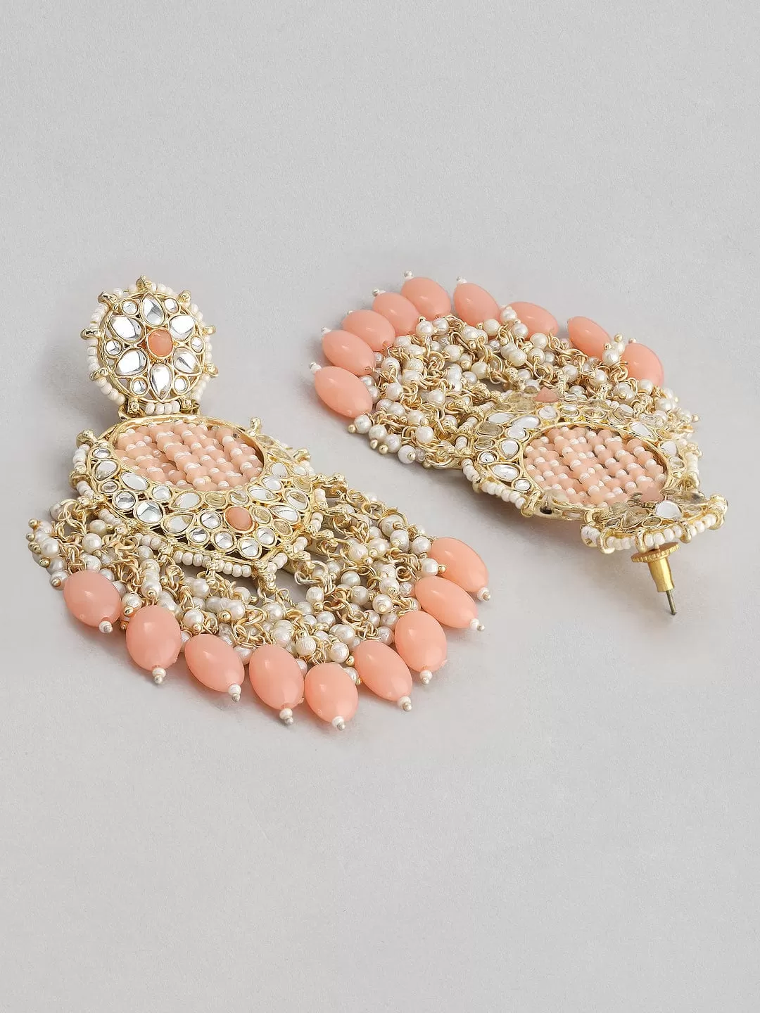 Rubans Gold Plated Chandbali Earrings With Golden And Pink Beads