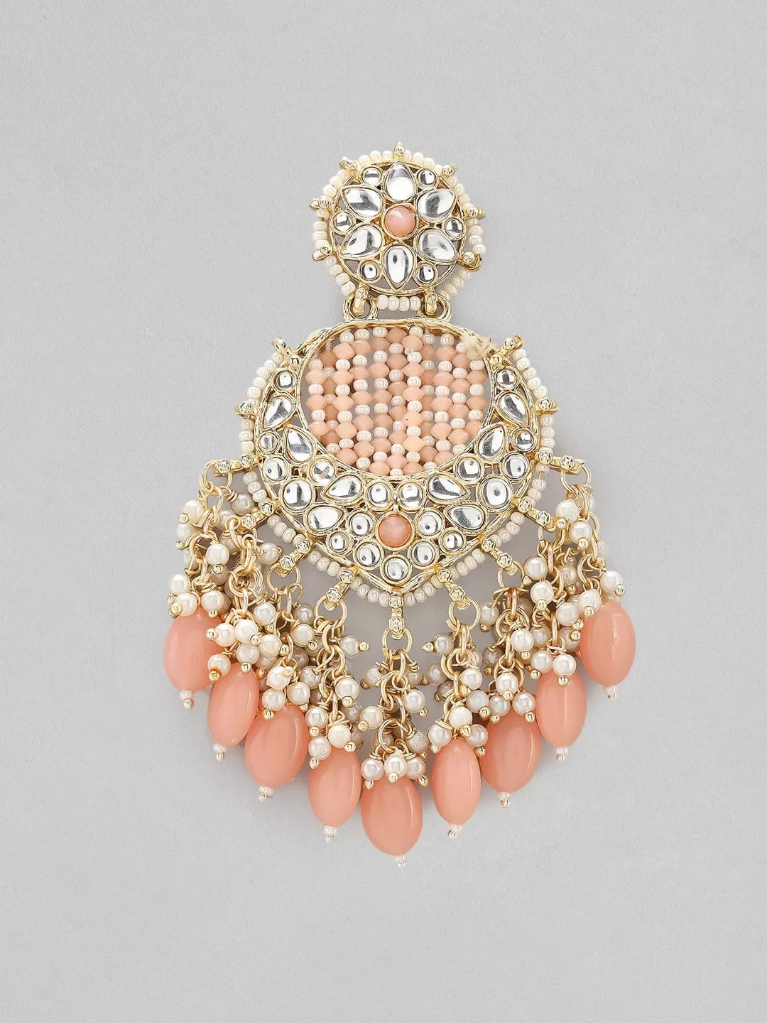 Rubans Gold Plated Chandbali Earrings With Golden And Pink Beads