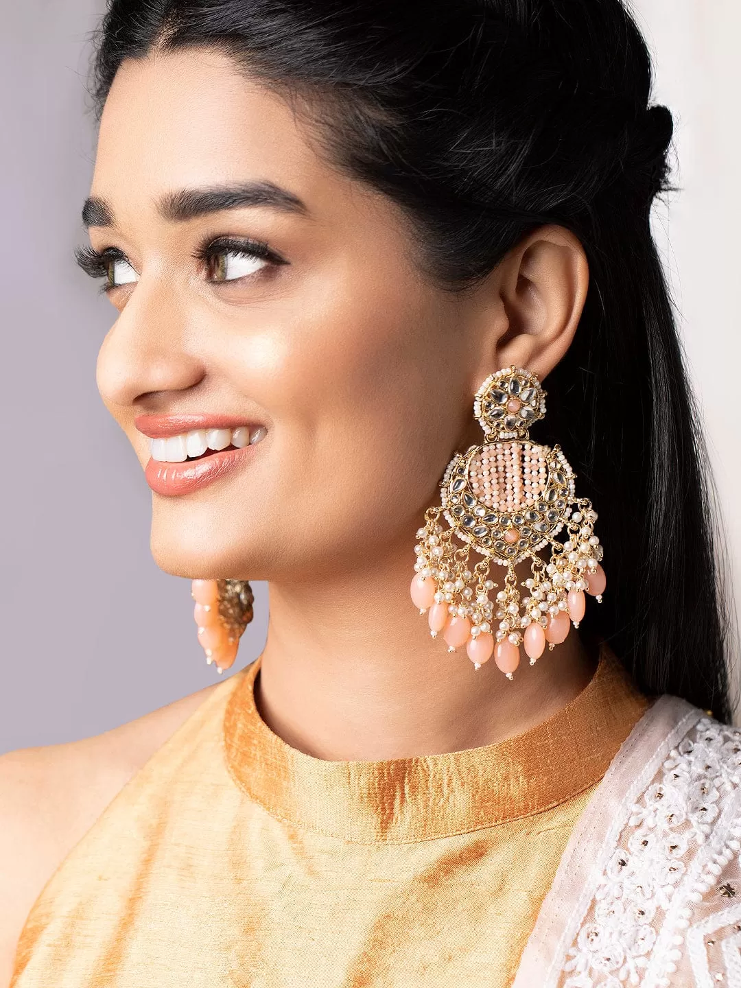 Rubans Gold Plated Chandbali Earrings With Golden And Pink Beads