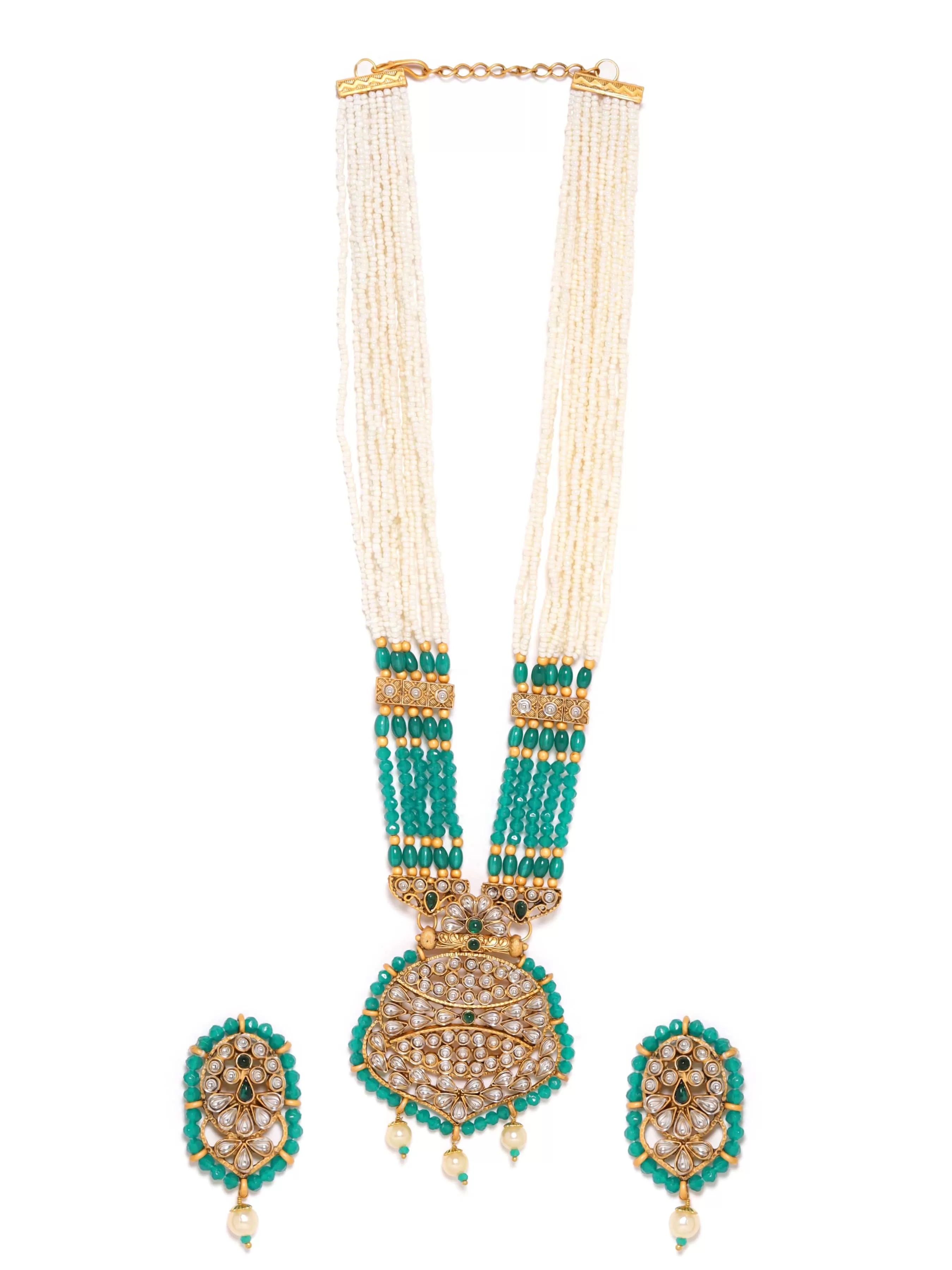 Rubans Green and White Beads Chain with Gold-Tone Pendant Adorned with Stones Necklace Set