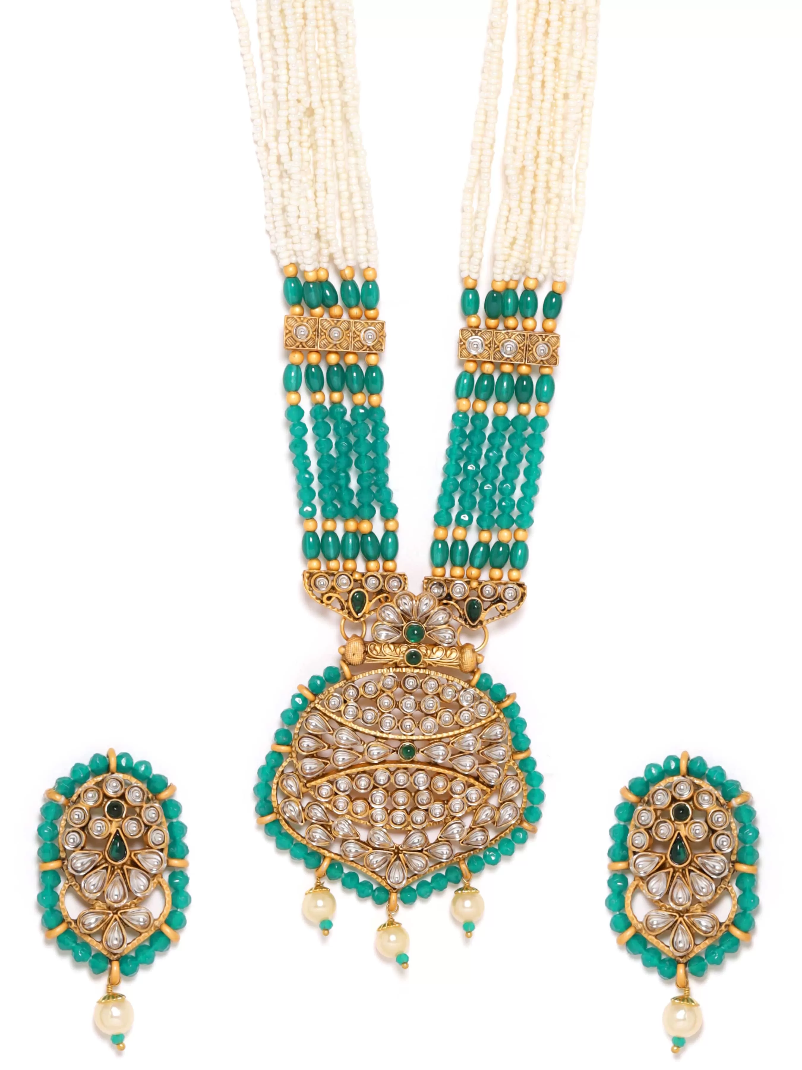 Rubans Green and White Beads Chain with Gold-Tone Pendant Adorned with Stones Necklace Set