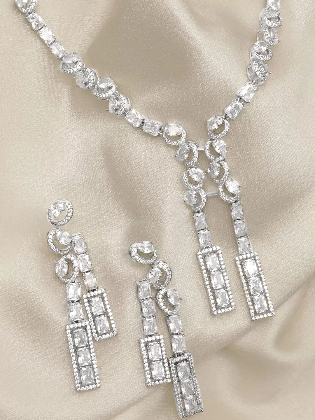 Rubans Rhodium-Plated CZ-Studded Necklace  Earrings Set