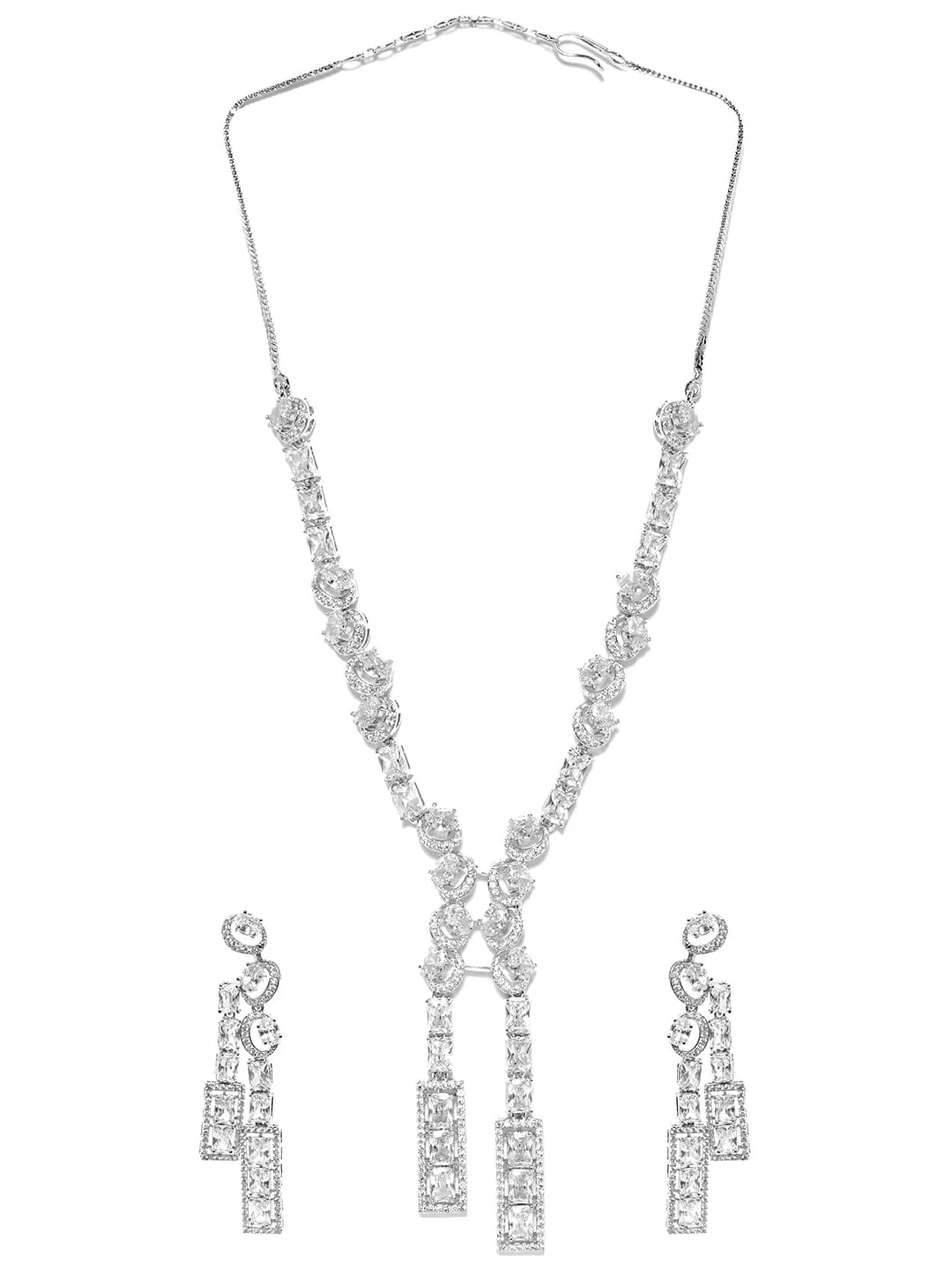 Rubans Rhodium-Plated CZ-Studded Necklace  Earrings Set