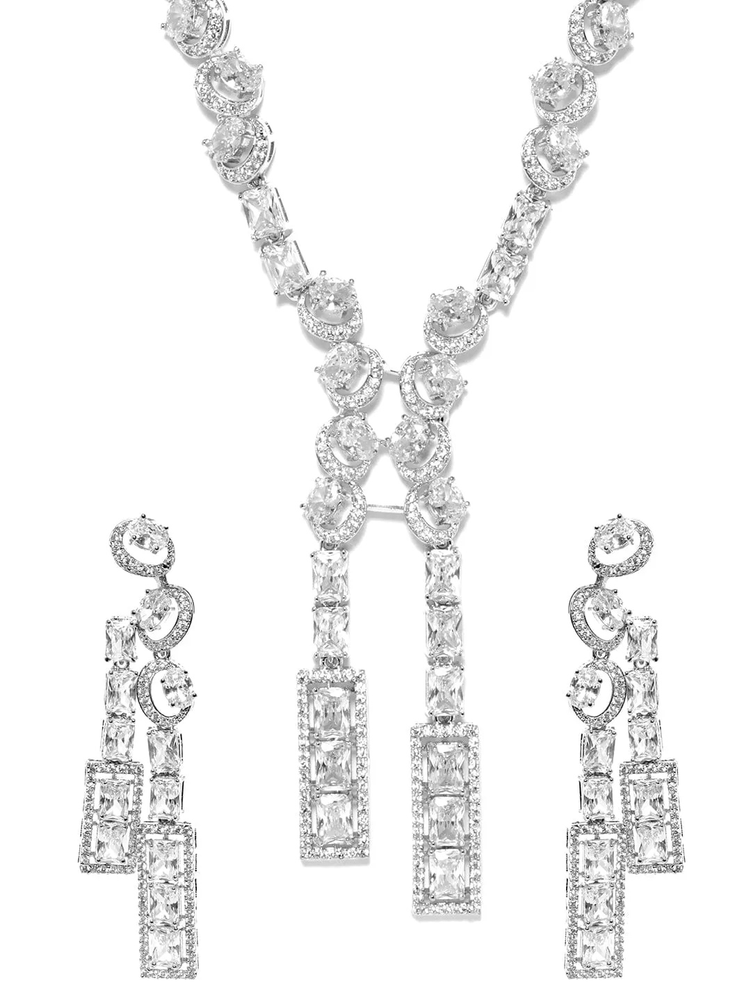 Rubans Rhodium-Plated CZ-Studded Necklace  Earrings Set