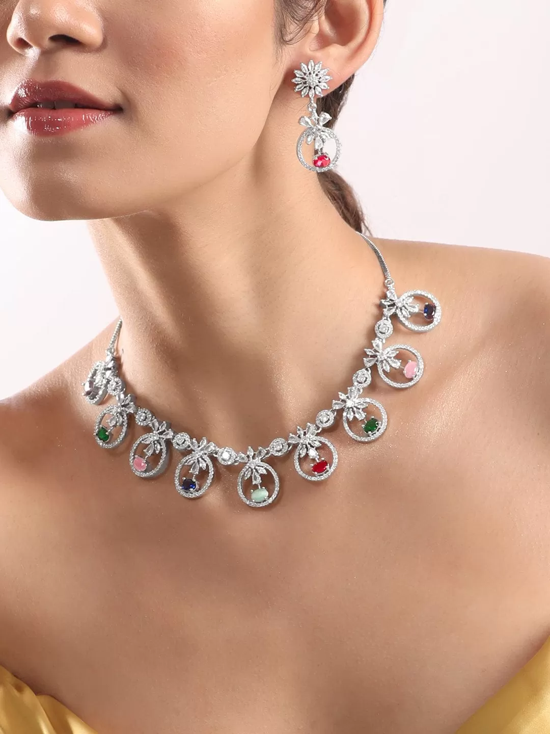 Rubans Rhodium Plated Multicolor Party Wear Necklace Set