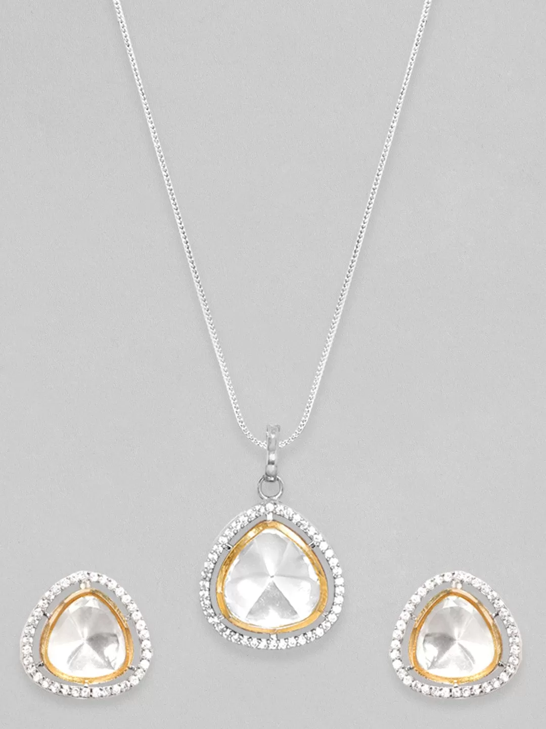 Rubans Rhodium Plated Polki & Zirconia Studded Minimal Tear Drop Pendant Set