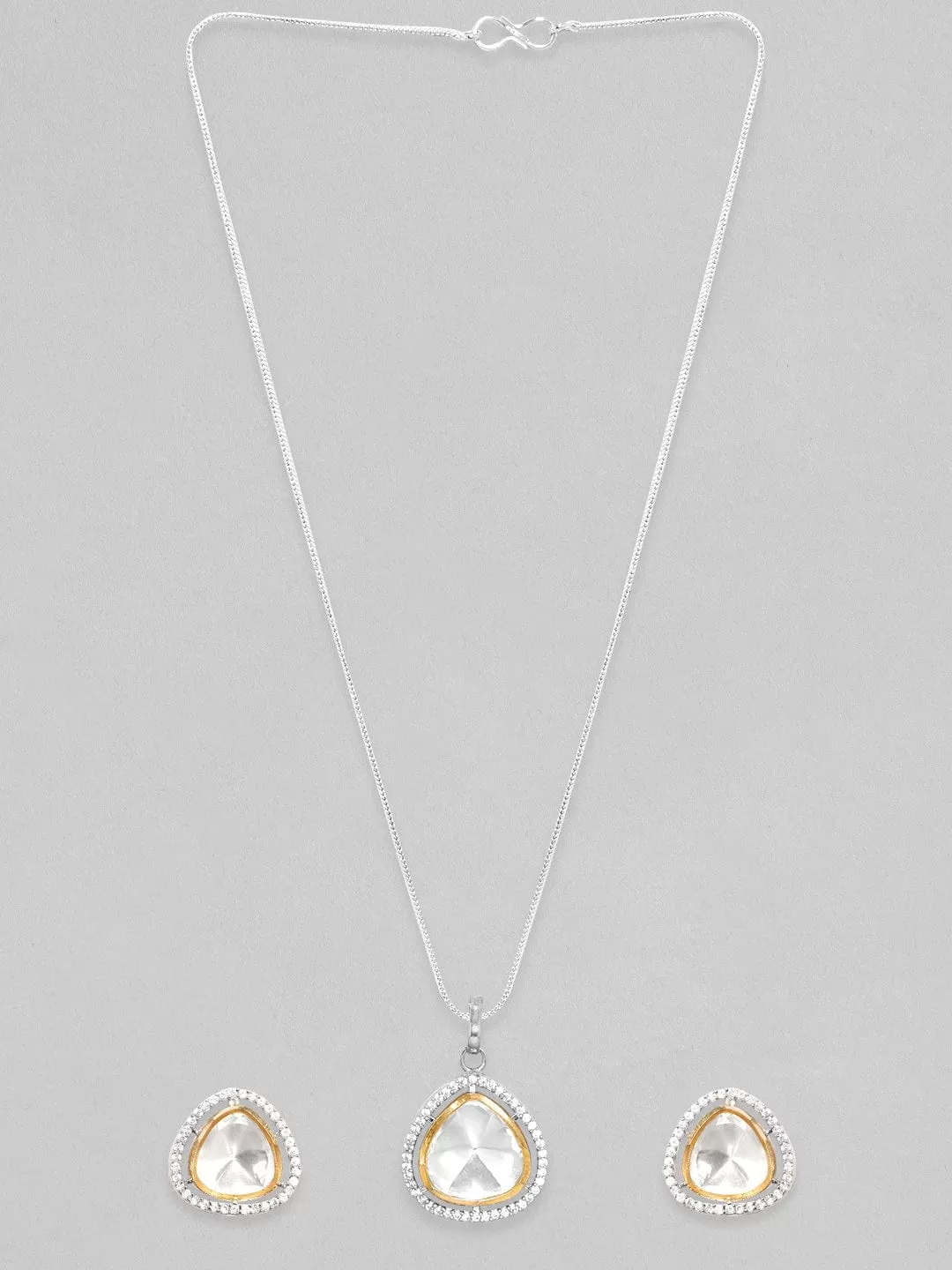 Rubans Rhodium Plated Polki & Zirconia Studded Minimal Tear Drop Pendant Set