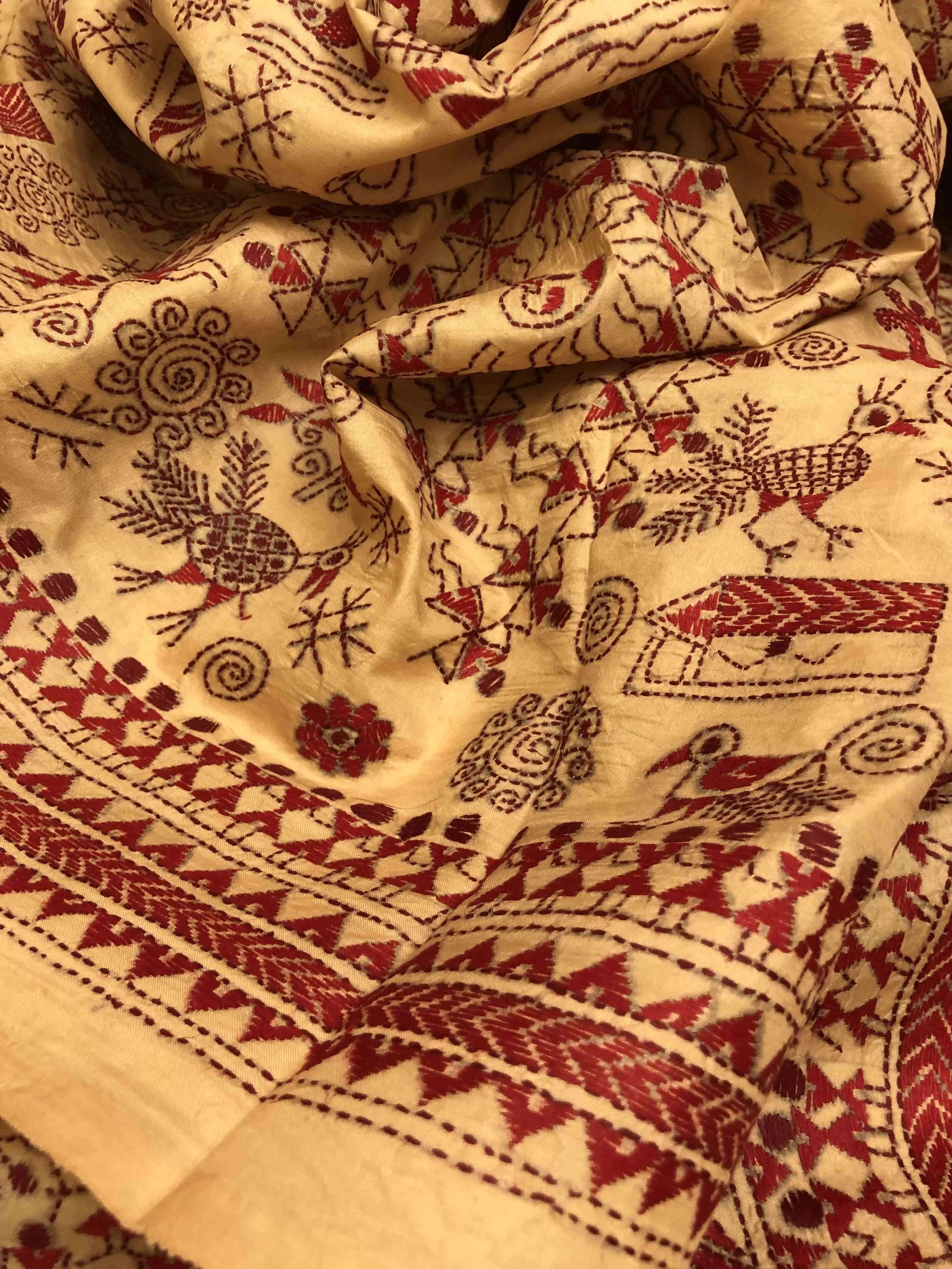 Sandalwood Color Pure Bangalore Silk with Worli Kantha Stitch