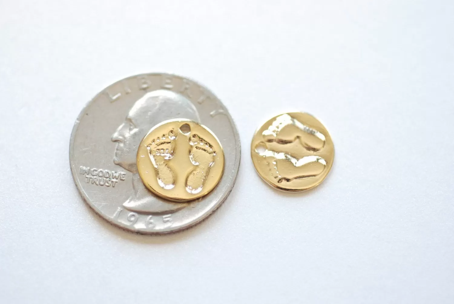 Shiny Vermeil Gold Baby Feet Print Disc Charm - 18k Gold Plated sterling silver, tiny baby feet on round disk, Gold Baby Feet imprint