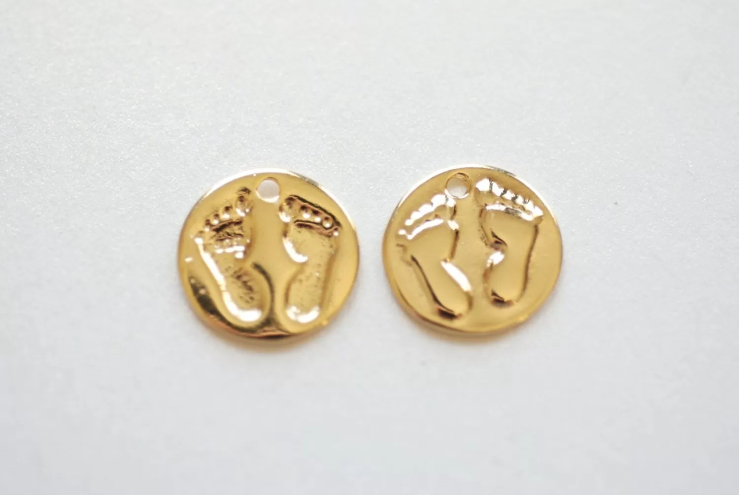 Shiny Vermeil Gold Baby Feet Print Disc Charm - 18k Gold Plated sterling silver, tiny baby feet on round disk, Gold Baby Feet imprint