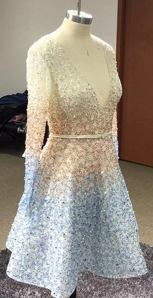 Stunning Beaded Sequins Long Sleeve V Neck Homecoming Dresses Short Prom Dresses