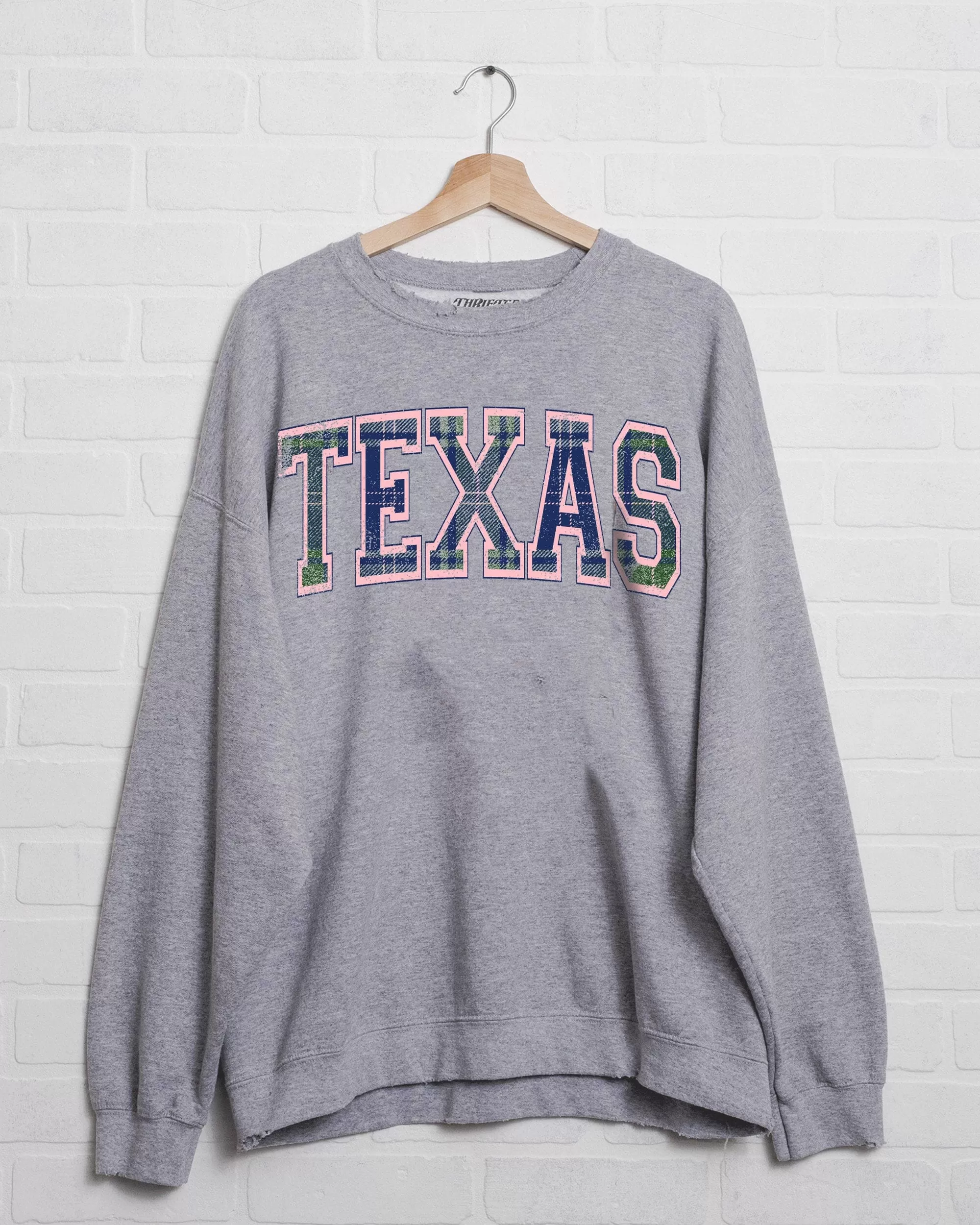 Texas Plaid Arch (Pink Outline) Gray Thrifted Sweatshirt