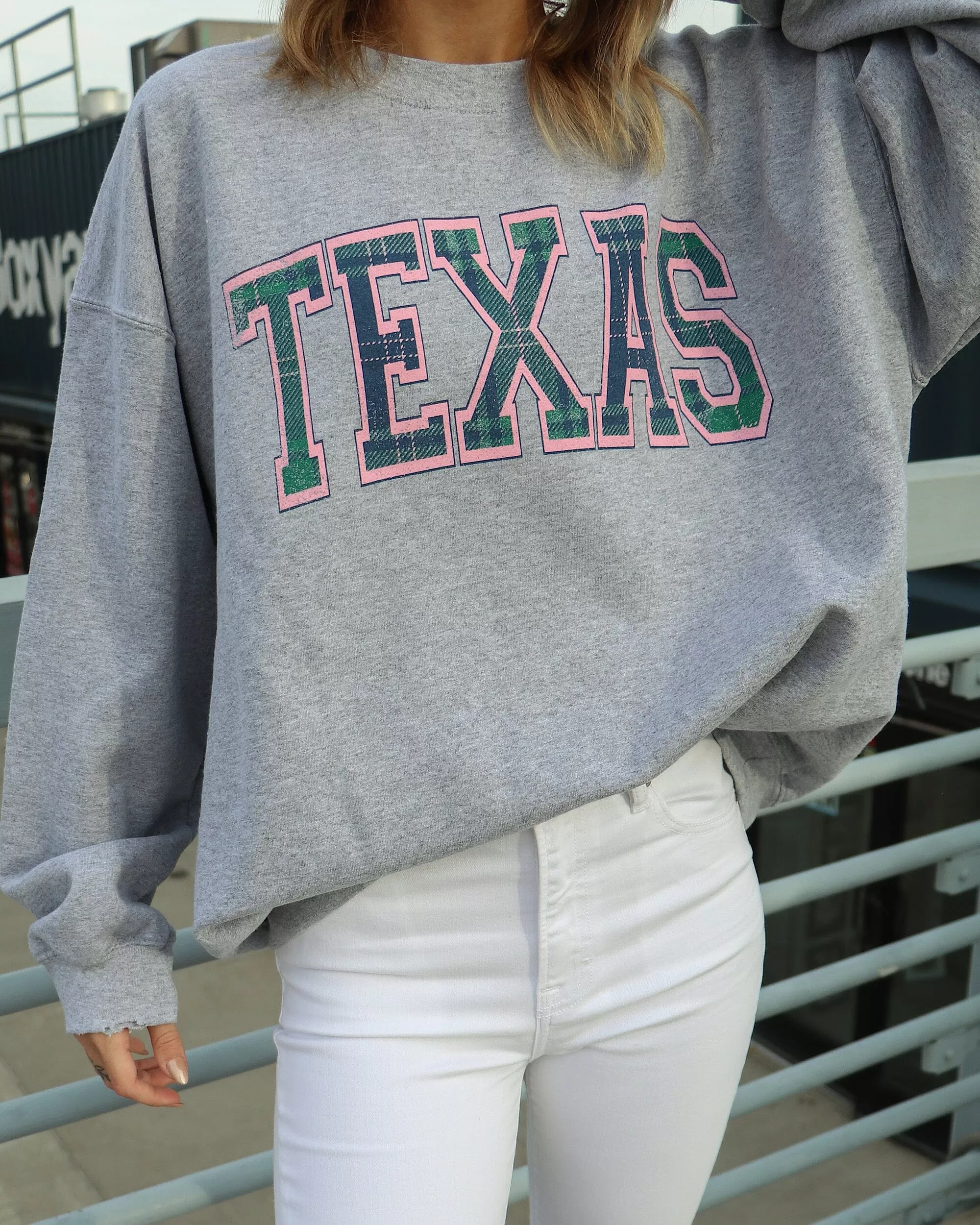 Texas Plaid Arch (Pink Outline) Gray Thrifted Sweatshirt