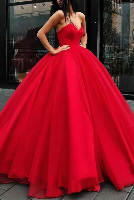 Unique Ball Gown Red Strapless Sweetheart Long Prom Dresses Quinceanera Dresses