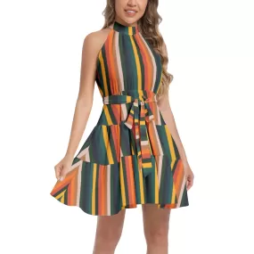 Vintage Striped Ruffle Hem Belted Halter Dress