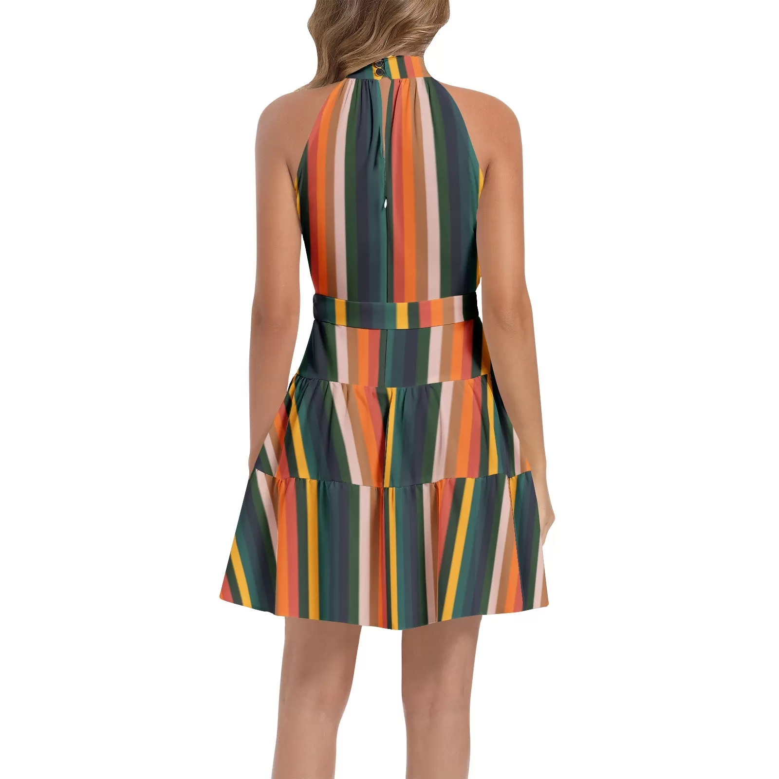 Vintage Striped Ruffle Hem Belted Halter Dress