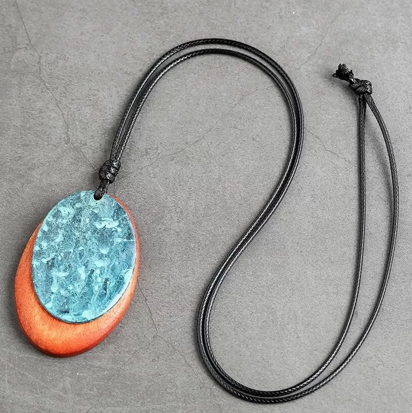 Wooden Oxidised Pendant Leather Rope Long Necklace -2 Colors