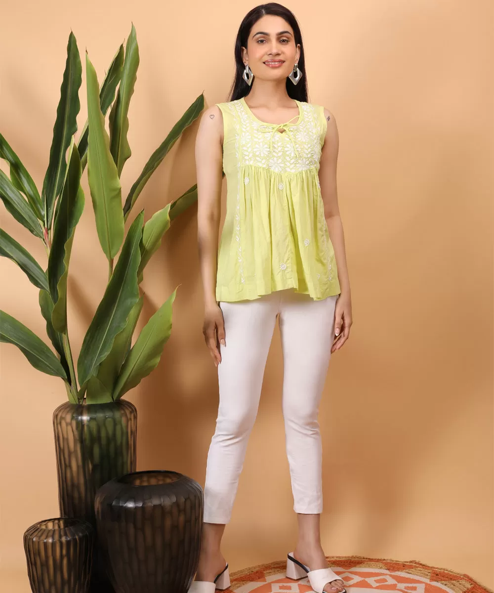 Yellow hand embroidered cotton chikankari yoke top