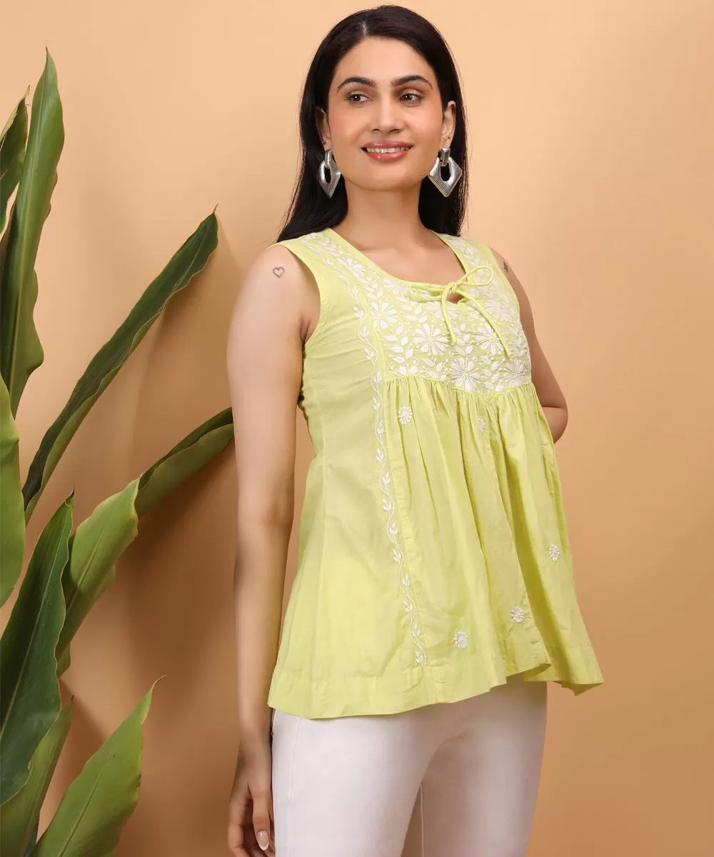 Yellow hand embroidered cotton chikankari yoke top