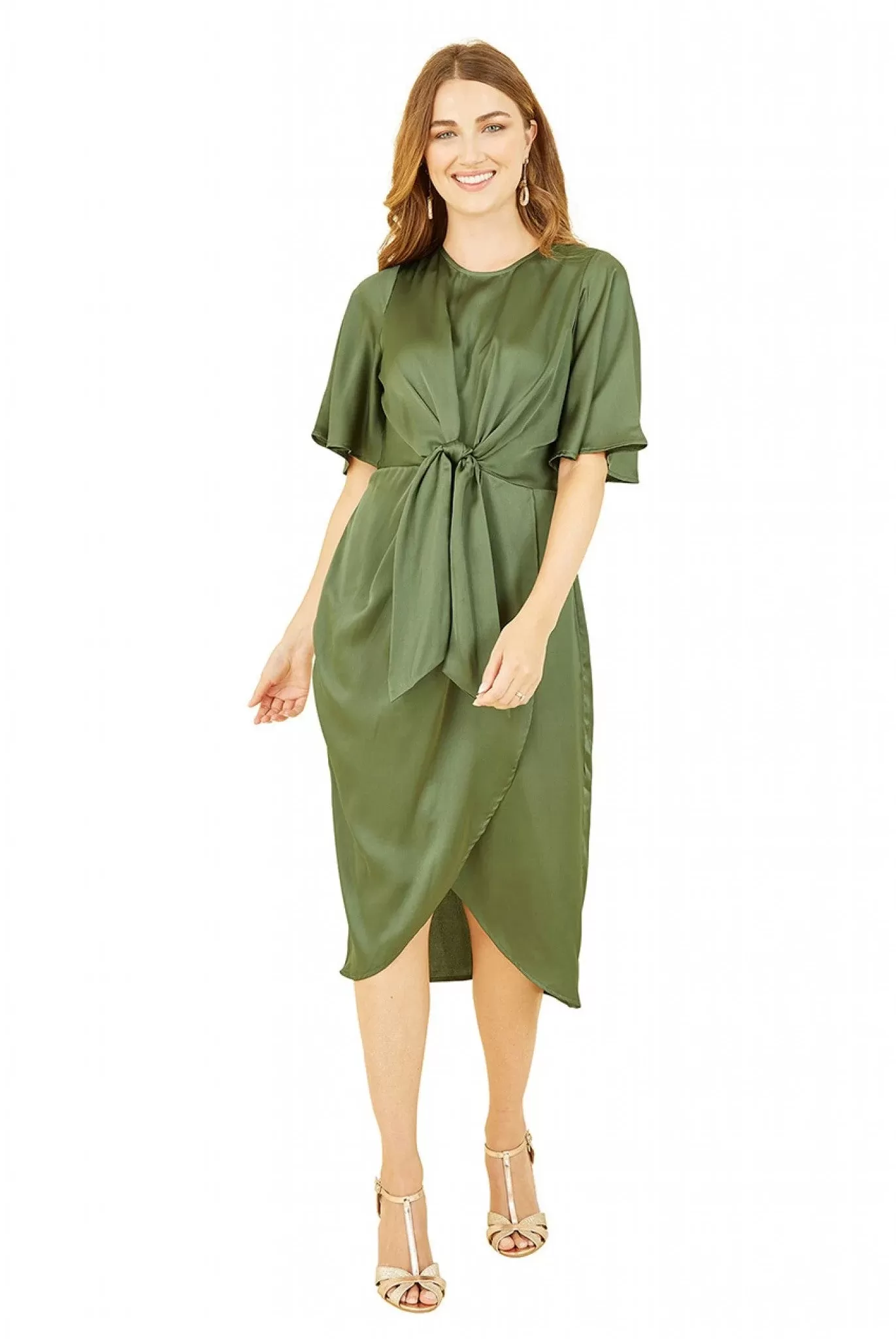 Yumi Green Satin Tie Detail Midi Dress