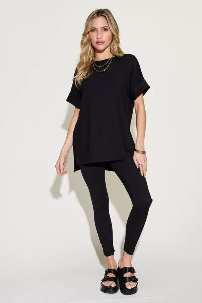 Zenana Full Size Short Sleeve Slit T-Shirt and Leggings Lounge Set